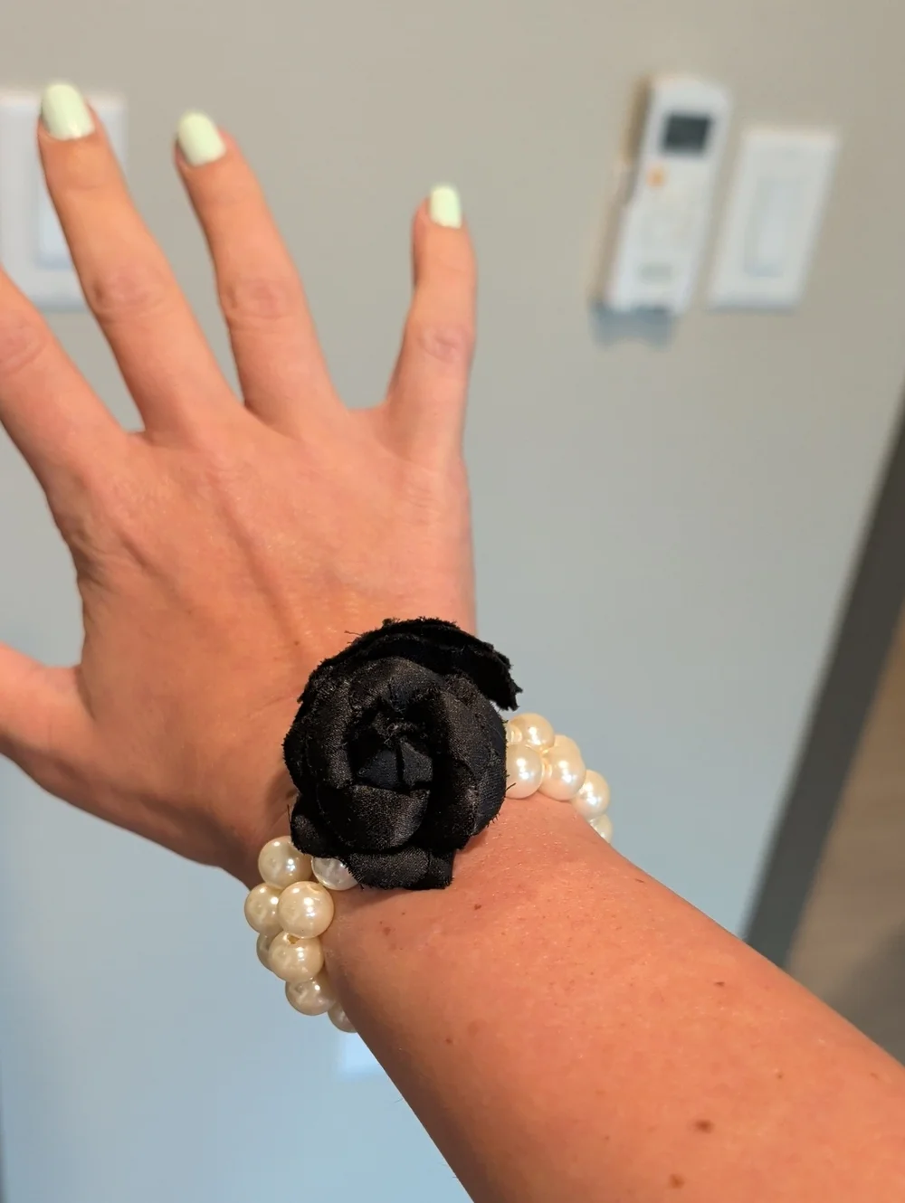 Pearl Stretch Bracelet with Black Fabric Flower